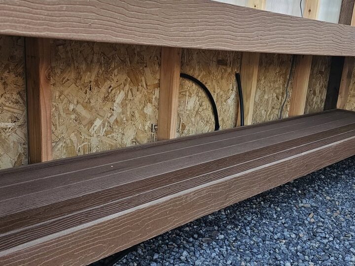 Built-in composite potting benches along the inside wall of a greenhouse